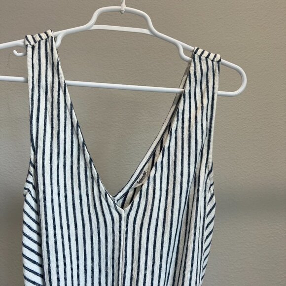 Splendid White & Navy Blue Striped Sleeveless V Neck Belted Onesie Romper - Picture 3 of 7
